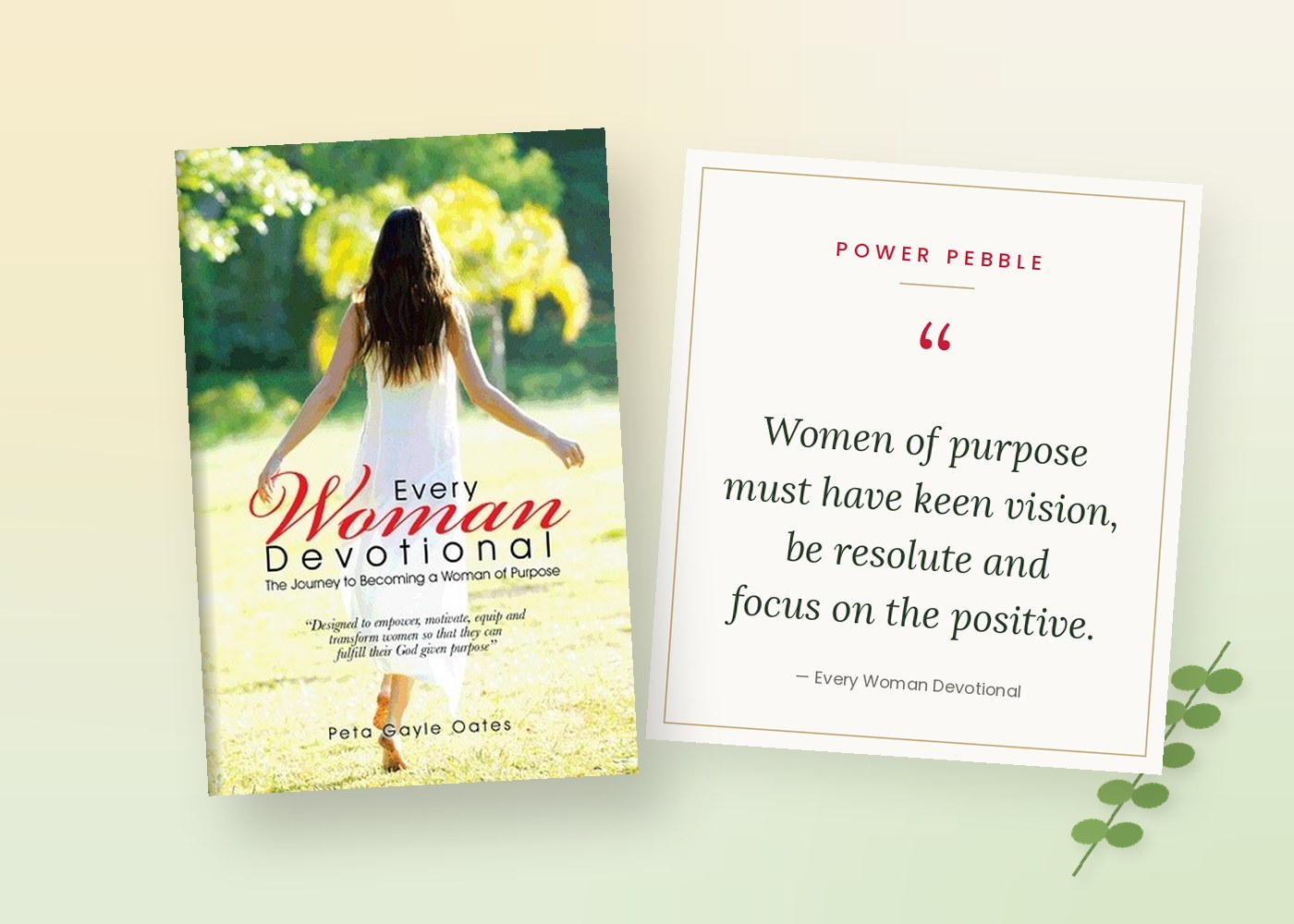 Every Woman Devotional beside a Power Pebble card: Women of purpose must have keen vision, be resolute and focus on the positive.